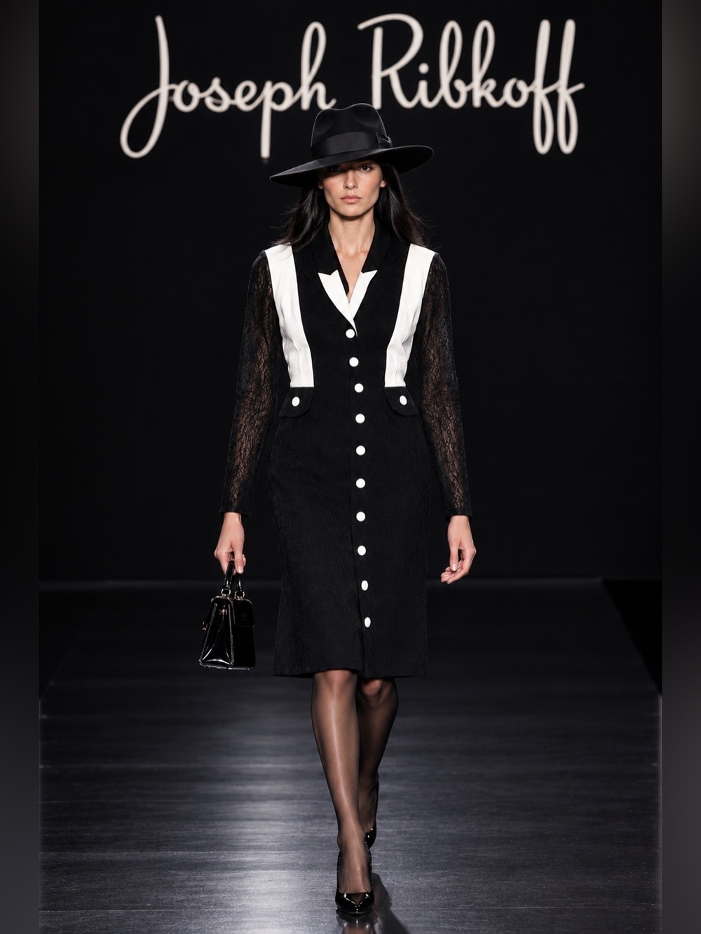 Joseph Ribkoff Black and White Midi Sheath Dress with Lace Sleeves